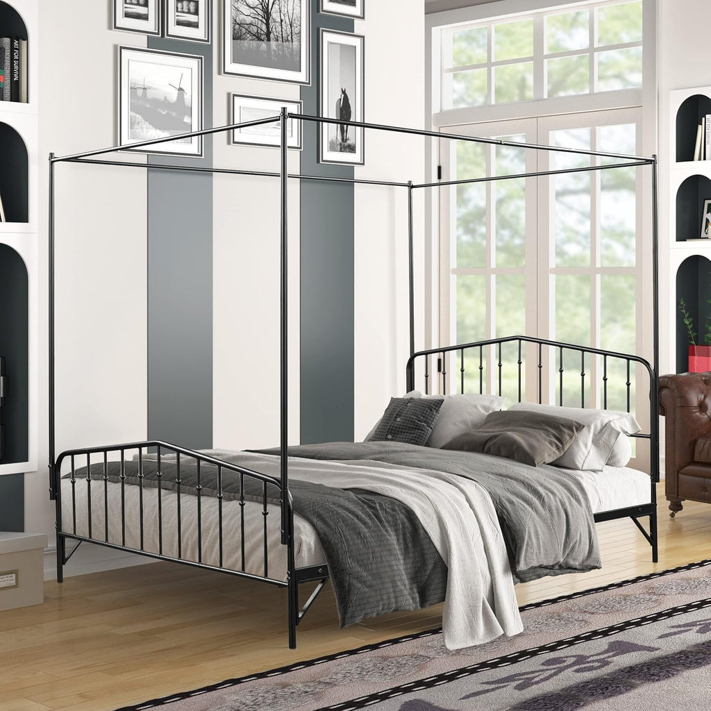 Metal Canopy Bed Frame with Ornate Headboard, Black, Queen A70815