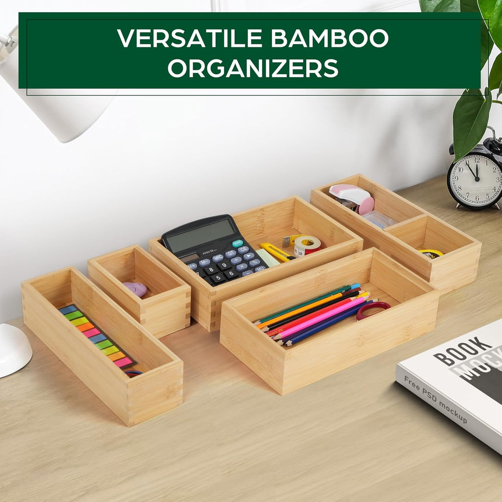 Bamboo Drawer Organizer Set, 5 Pcs Multi-Use Storage Box for Kitchen, Bathroom, Office R3794