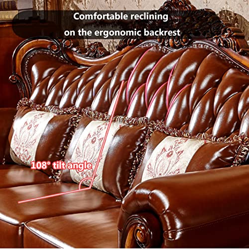 Solid Wood Carved Leather Sofa for Living Room with Pillows Stool A2915