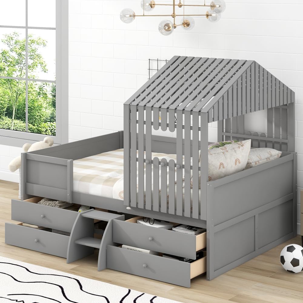 Low Loft Bed with Four Drawers, Gray N48078