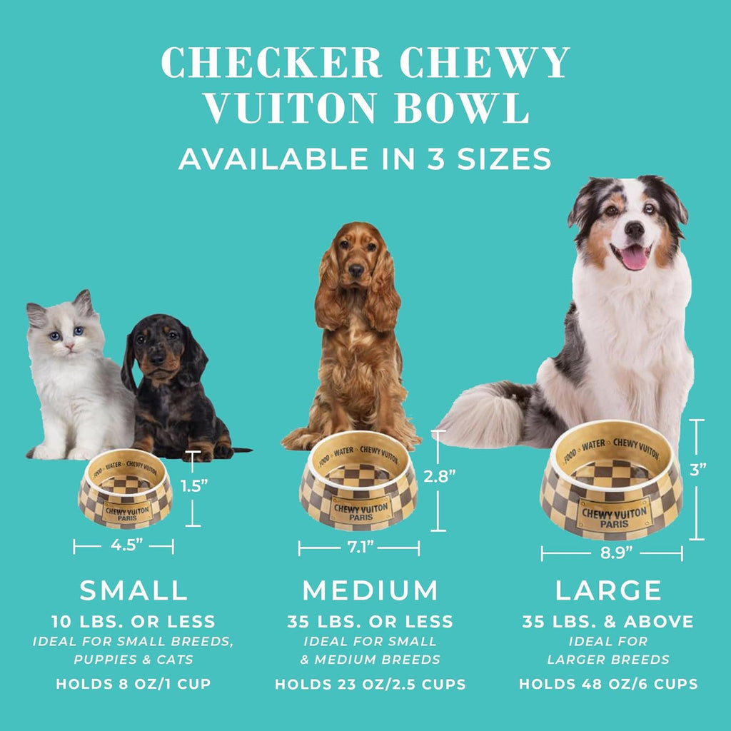 Checker Chewy Vuiton Dog Bowls &amp; Placemat, BPA-Free Food &amp; Water Bowls, Non-Skid, Dishwasher Safe, Includes Food Mat, Small Size, Case of 2.