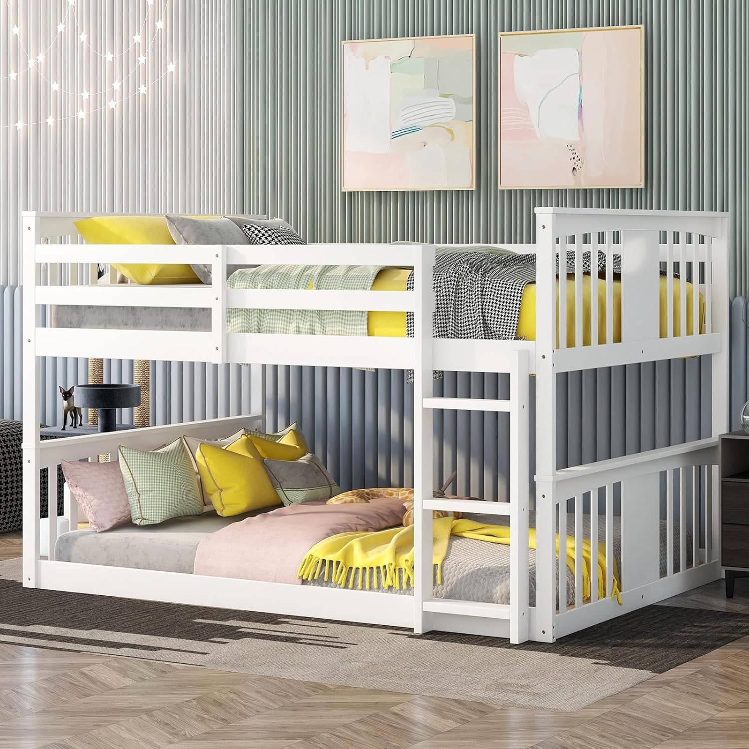 Twin Bunk Beds Low Bunk Bed Frame Wood Twin over Twin Bunkbed for Kids Toddlers Boys Girls Bedroom, White