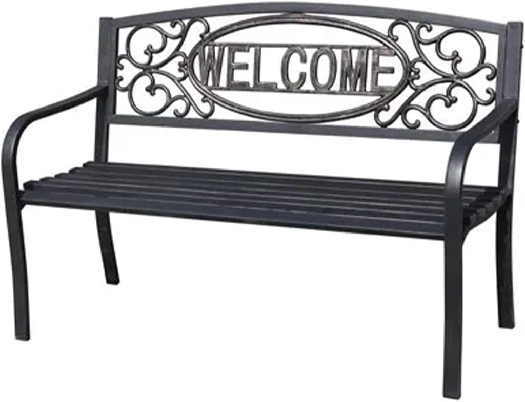 Welcome Outdoor Park Bench Powder Coated Steel Frame Furniture Seat for Backyard Garden, Front Porch, or Walking Path, Black