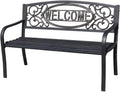 Welcome Outdoor Park Bench Powder Coated Steel Frame Furniture Seat for Backyard Garden, Front Porch, or Walking Path, Black