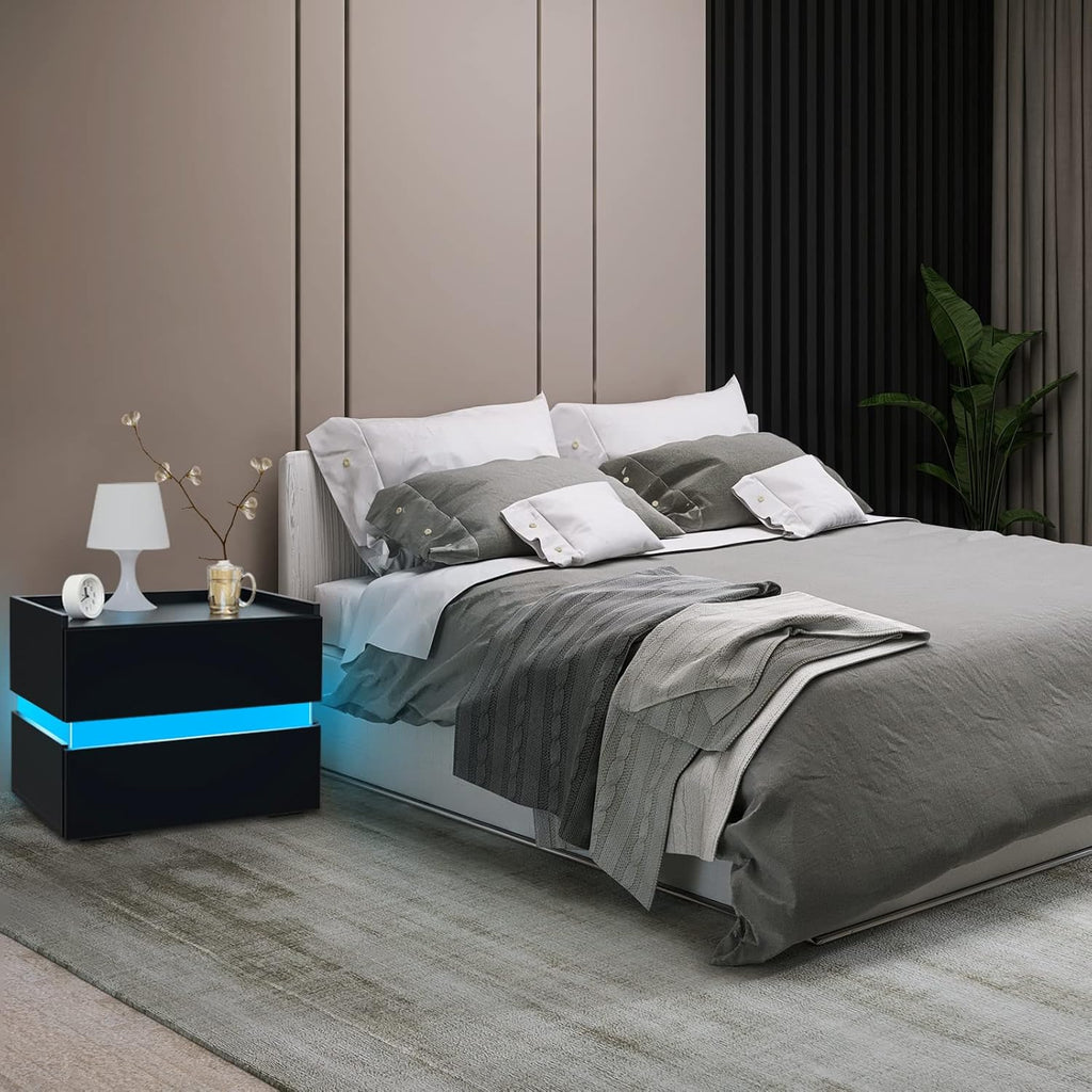 LED Nightstand with 2 Drawers, Black High Gloss Bedside Table W1059