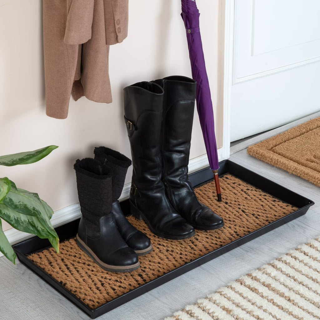 Black Metal Boot Tray with Tan &amp; Black Coir Insert
