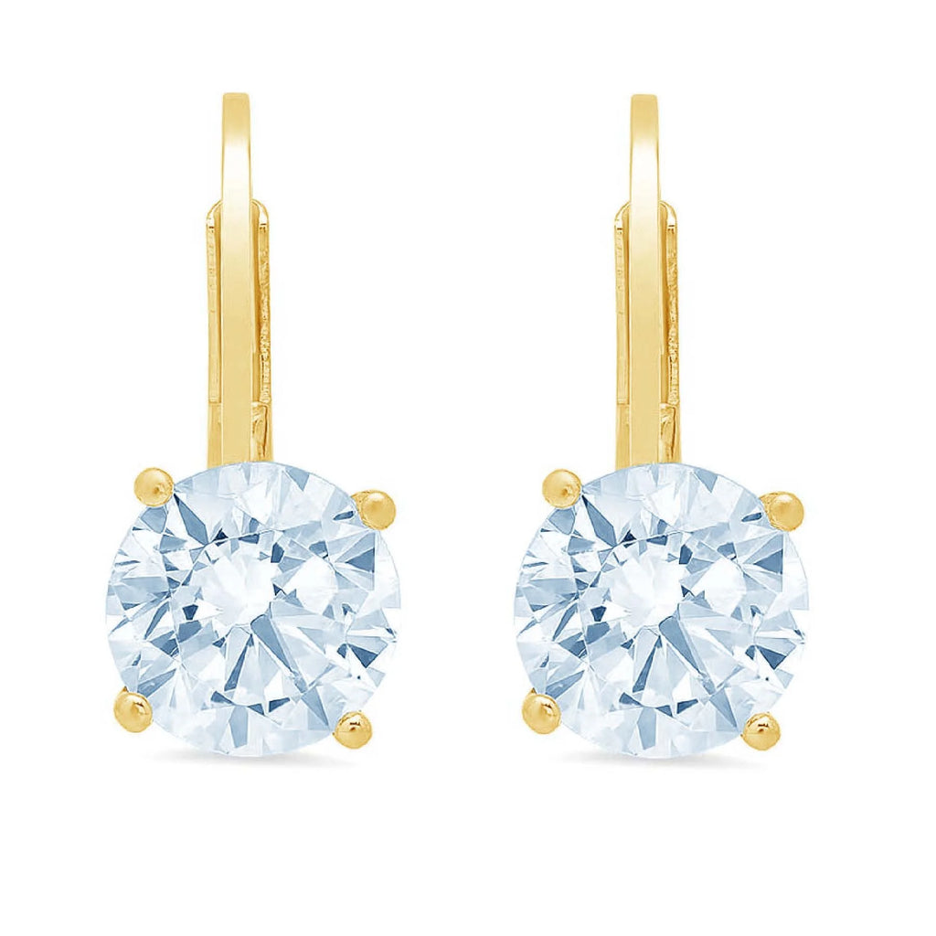 3 ct Round Drop Dangle VVS1 Genuine Swiss Blue Topaz Solid 18K Yellow Gold Earrings Lever Back O333