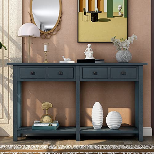 Rustic Wood Sofa Table with 4 Storage Drawers and Bottom Shelf T769104