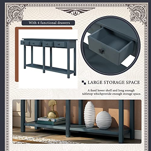 Rustic Wood Sofa Table with 4 Storage Drawers and Bottom Shelf T769104
