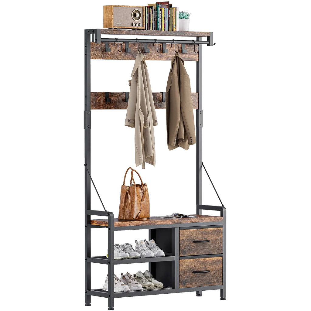 4-in-1 Entryway Hall Tree Coat Rack with Shoe Storage Bench, 17 Hooks, 2 Drawers, Rustic Brown Y1980