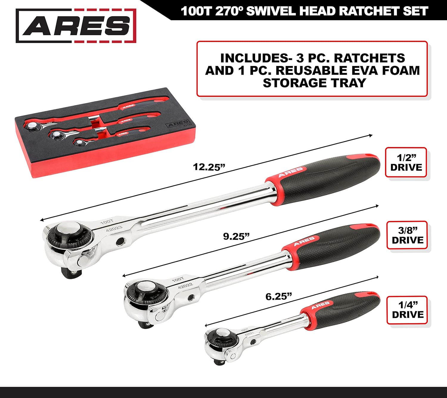 3-Piece 100-Tooth Swivel Head Ratchet Set - 1/4, 3/8, 1/2-Inch Drive X374160