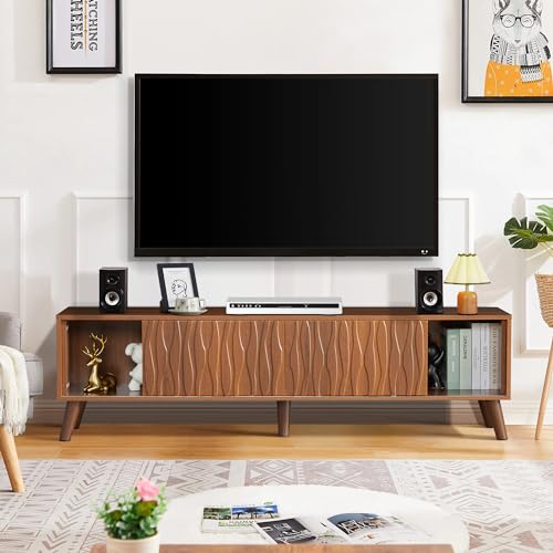TV Stand and Coffee Table Set, Mid Century Modern with Sliding Doors, Marble Grain Wood, Black W635