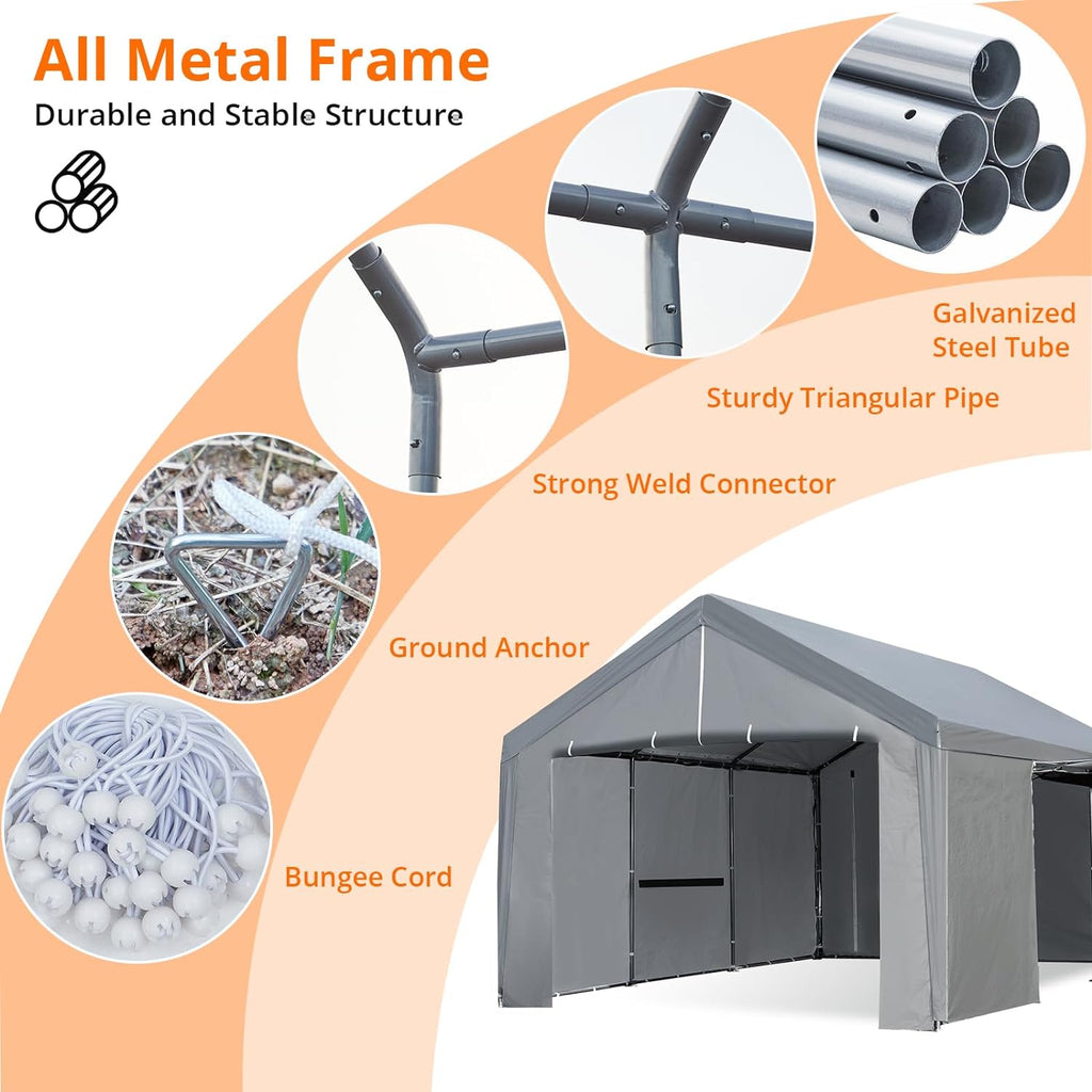 Carport 13×20 FT Heavy Duty Portable Garage with Removable Sidewall & Door, Grey U5214