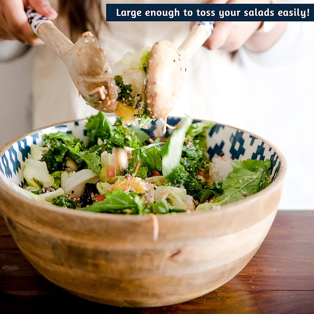 Salad Bowl with Serving Tongs, Mango Wood, Geometric Blue E491351