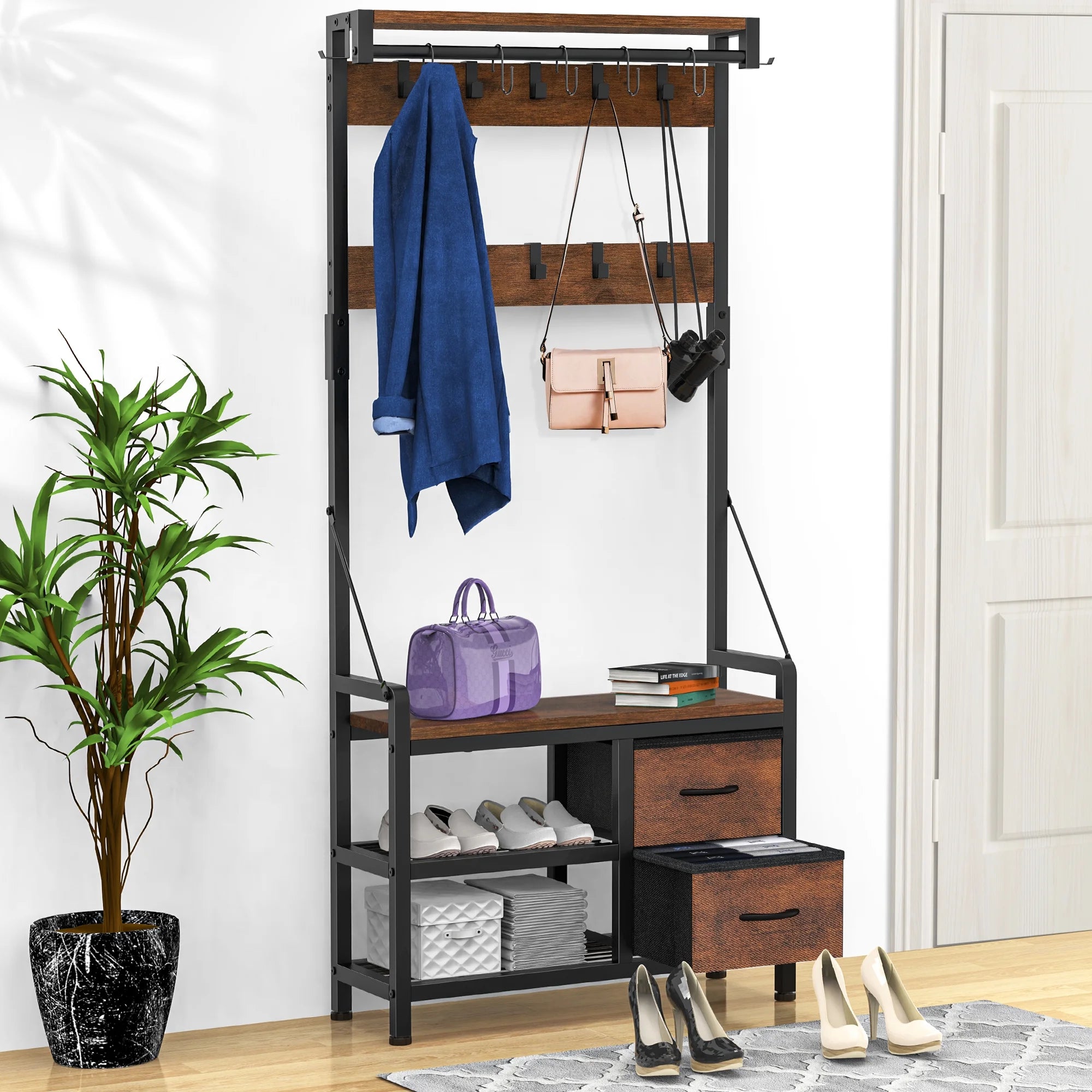 4-in-1 Entryway Hall Tree Coat Rack with Shoe Storage Bench, 17 Hooks, 2 Drawers, Rustic Brown Y1980
