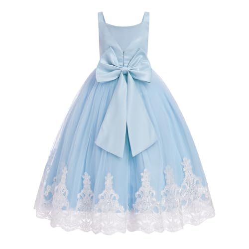 IDOPIP Embroidery Flower Girl Lace Dress for Kids Wedding Pageant Communion Party Formal Long Gown V-back Bow Tulle Dresses
