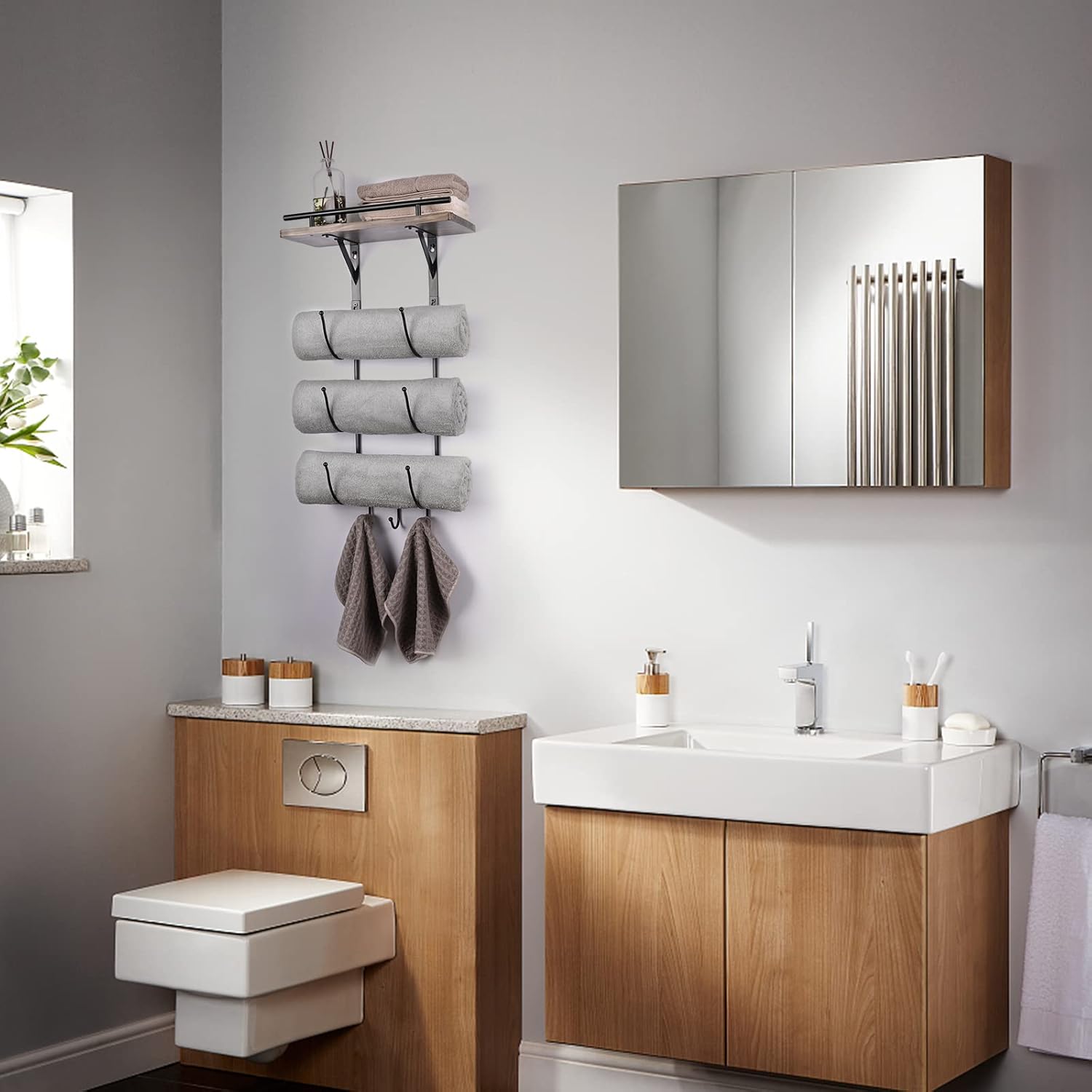 Wall Mounted Metal Towel Rack with Wooden Shelf and 3 Hooks P1472