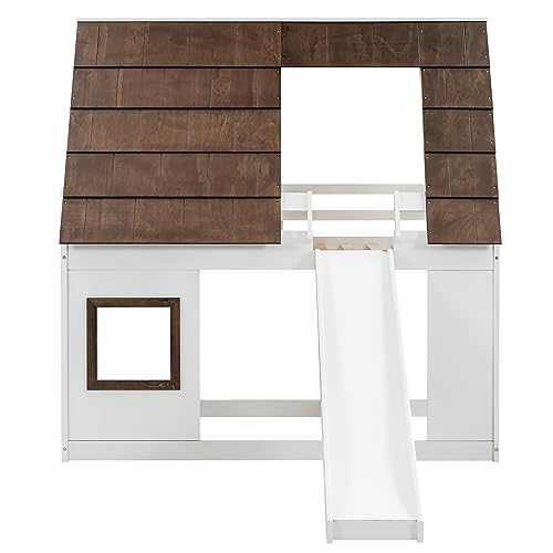 Twin-Over-Twin House Bunk Bed with Storage and Staircase, Gray+White V121339