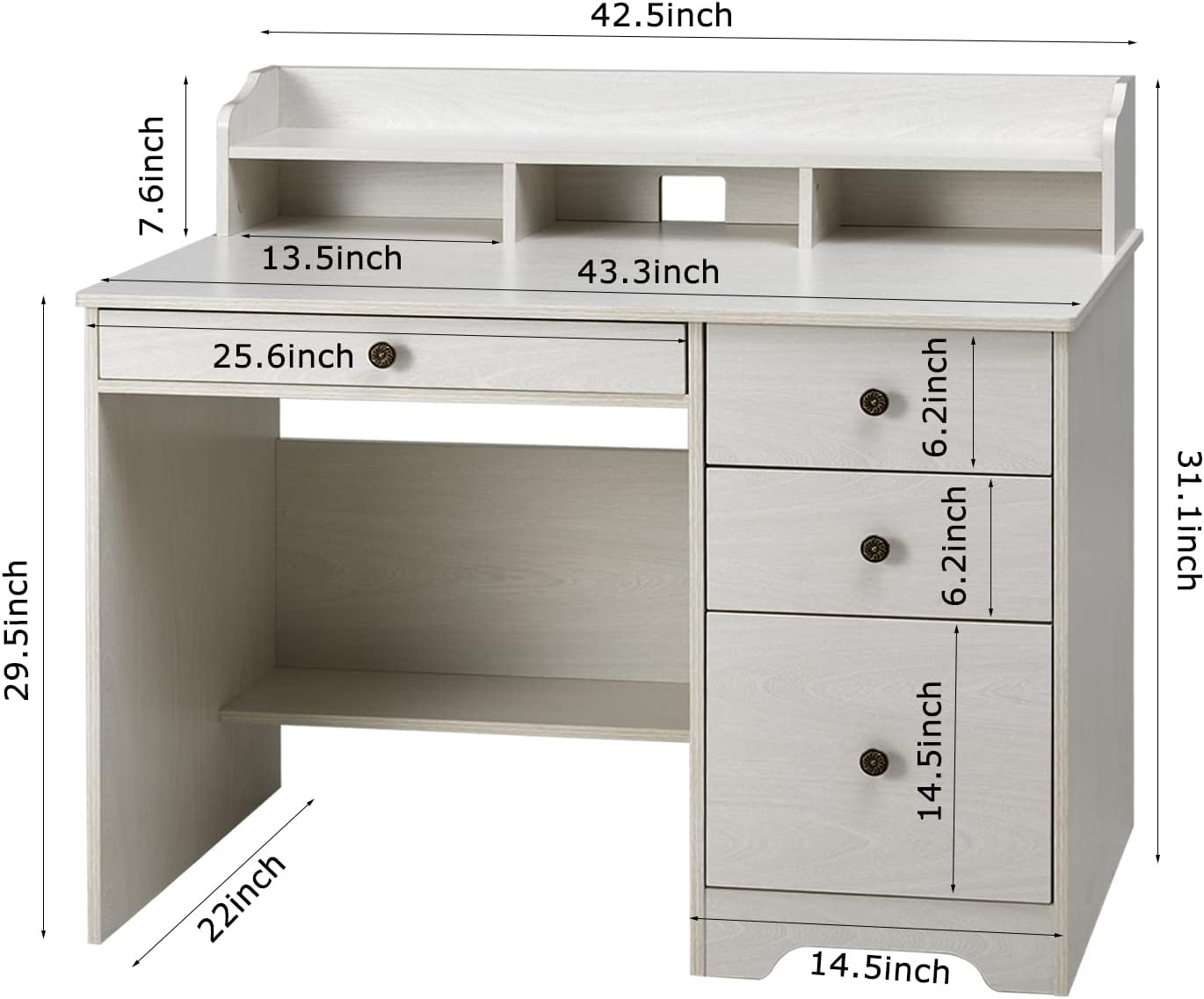 Computer Desk with 4 Storage Drawers and Hutch Shelf, Oak White Y87548