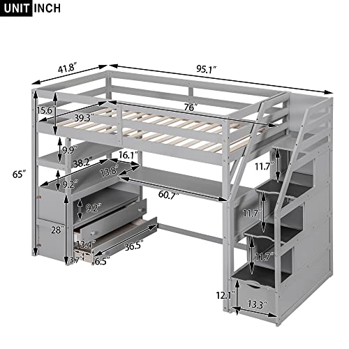 Loft Bed with Built-in L-Shaped Desk and Bookshelves, Solid Wood Frame with Safety Guardrail and Storage Staircase B5339