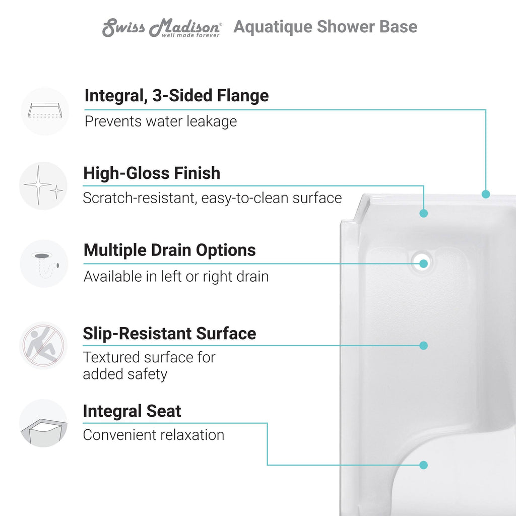 60 x 32 Single Threshold Shower Base with Left Hand Drain and Integral Right Hand Seat X91962