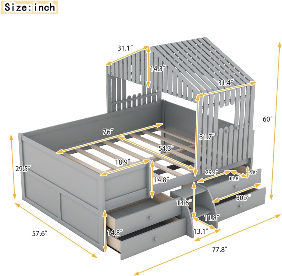 Low Loft Bed with Four Drawers, Gray N48078