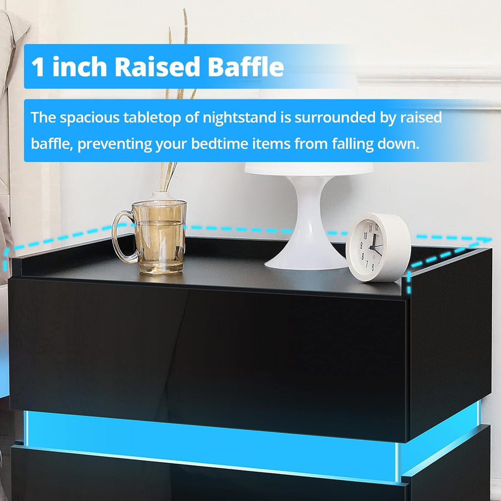 LED Nightstand with 2 Drawers, Black High Gloss Bedside Table W1059