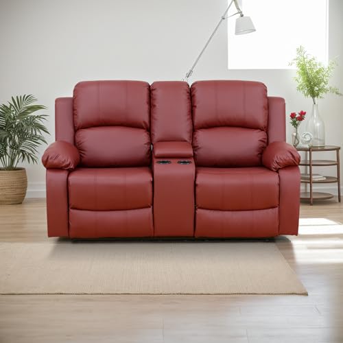 Recliner Loveseat, Leather Couch Living Room 2-Seat Sofa Chair with Storage Box and Cup Holders for Apartment, Home, Office (Red)