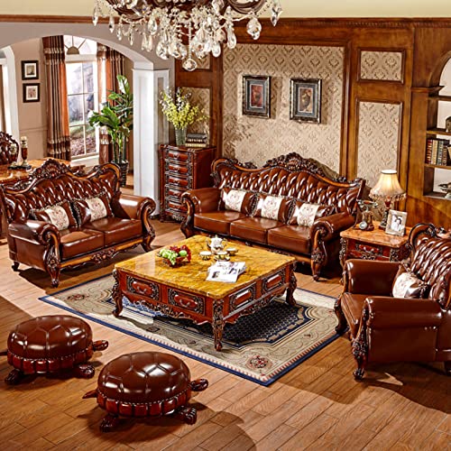 Solid Wood Carved Leather Sofa for Living Room with Pillows Stool A2915