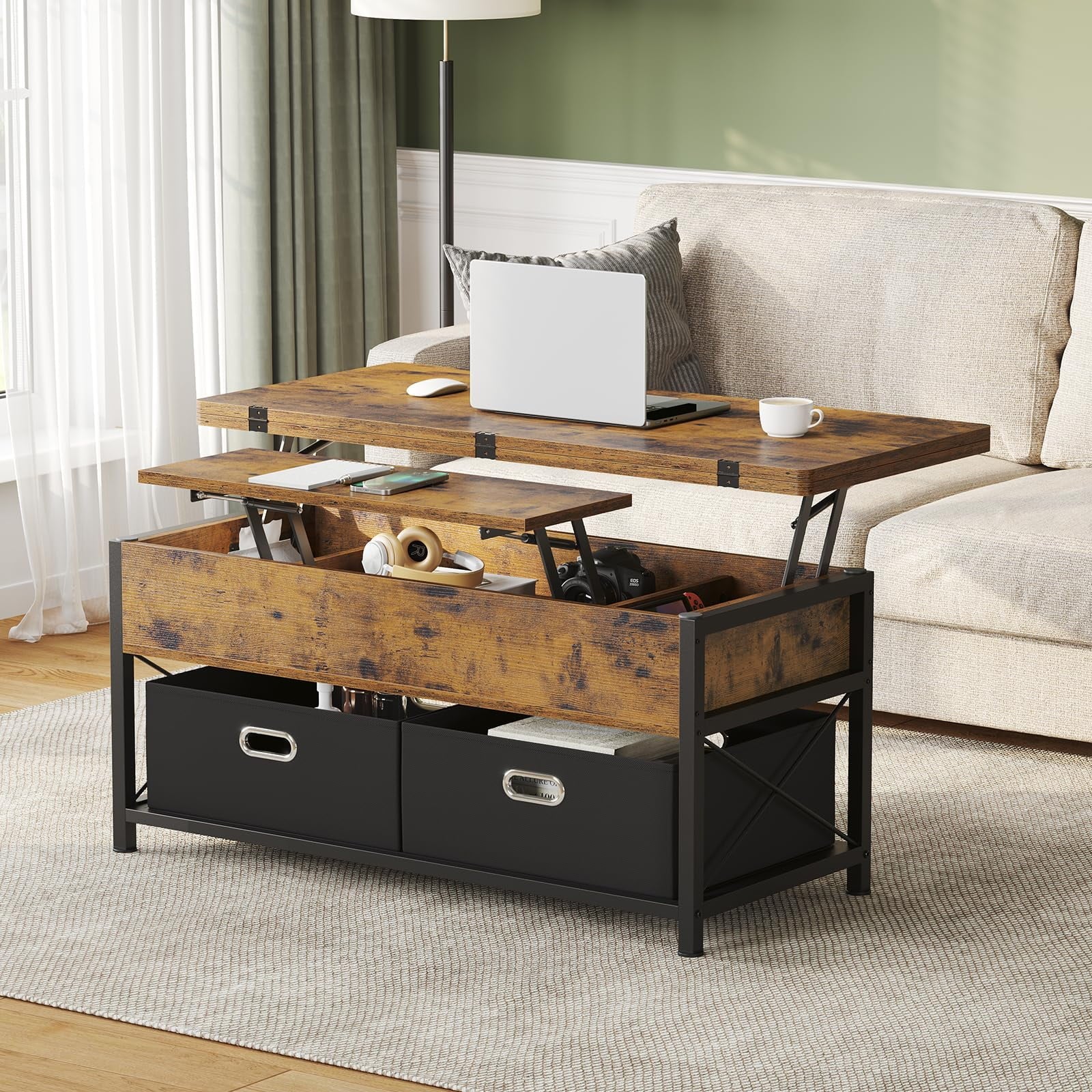 Lift Top Coffee Table with Storage Drawers, Rustic Brown J809657