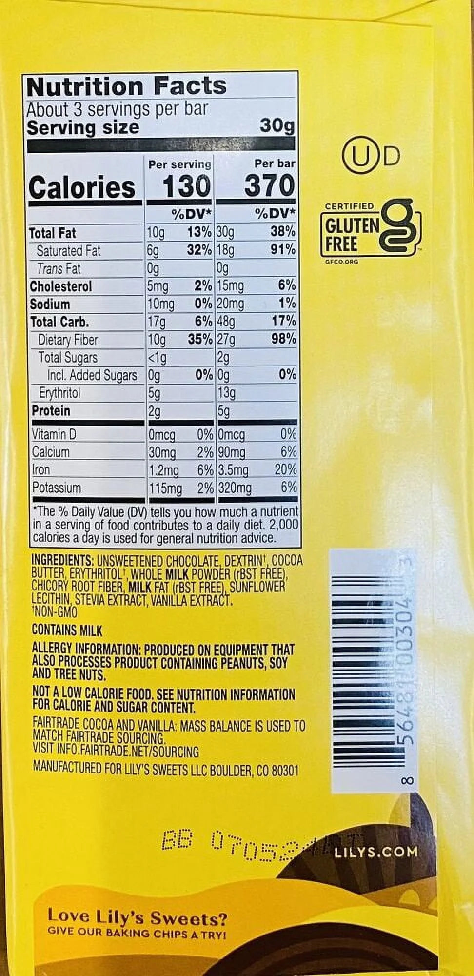 Creamy Milk Chocolate Stevia Sweetened 40% Cocoa Bar G86253