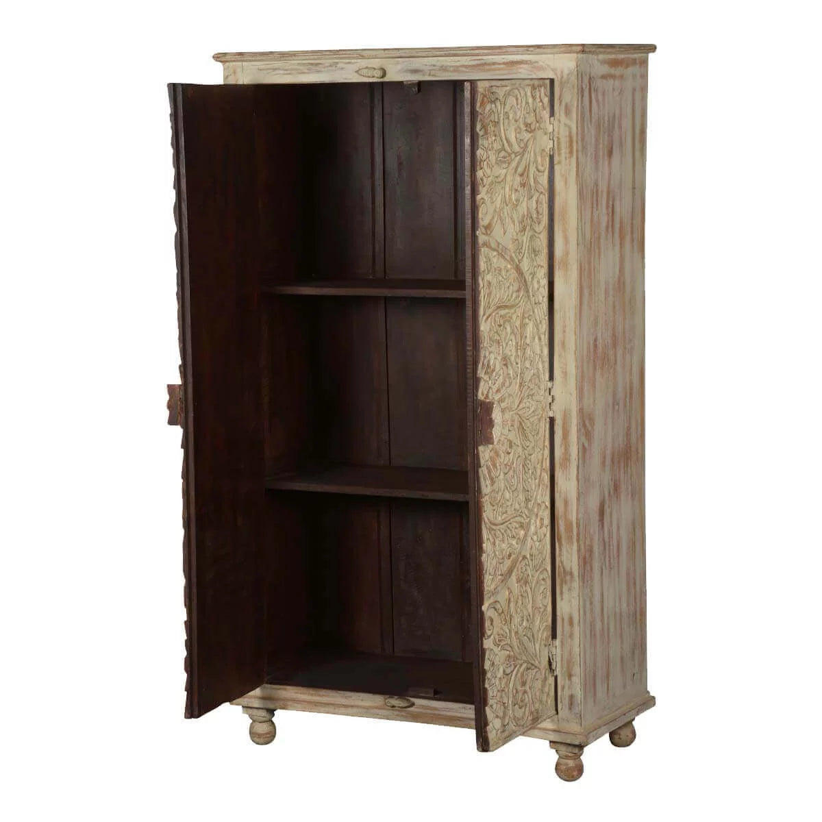 Hand Carved Solid Wood Distressed White Armoire with Shelves V522