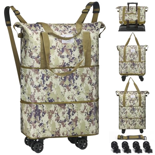 Rolling Duffel Bag with Wheels, 28L-66L Foldable Expandable Duffle Bag with Wheels for Travel, Rolling Luggage Carry On Bag with Wheels, Large Rolling Backpack Weekend Bag for Men Women (Black)
