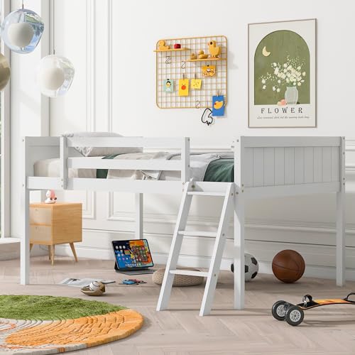 Low Loft Bed with Convertible Ladder and Safety Guardrail R222