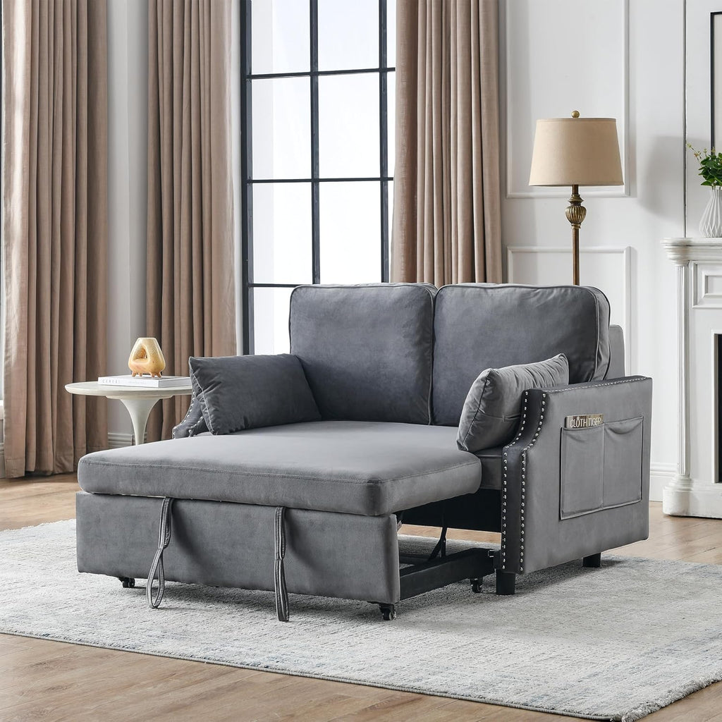 Grey Velvet Recliner Bed with Pull-Out Sleeper Sofa T4171
