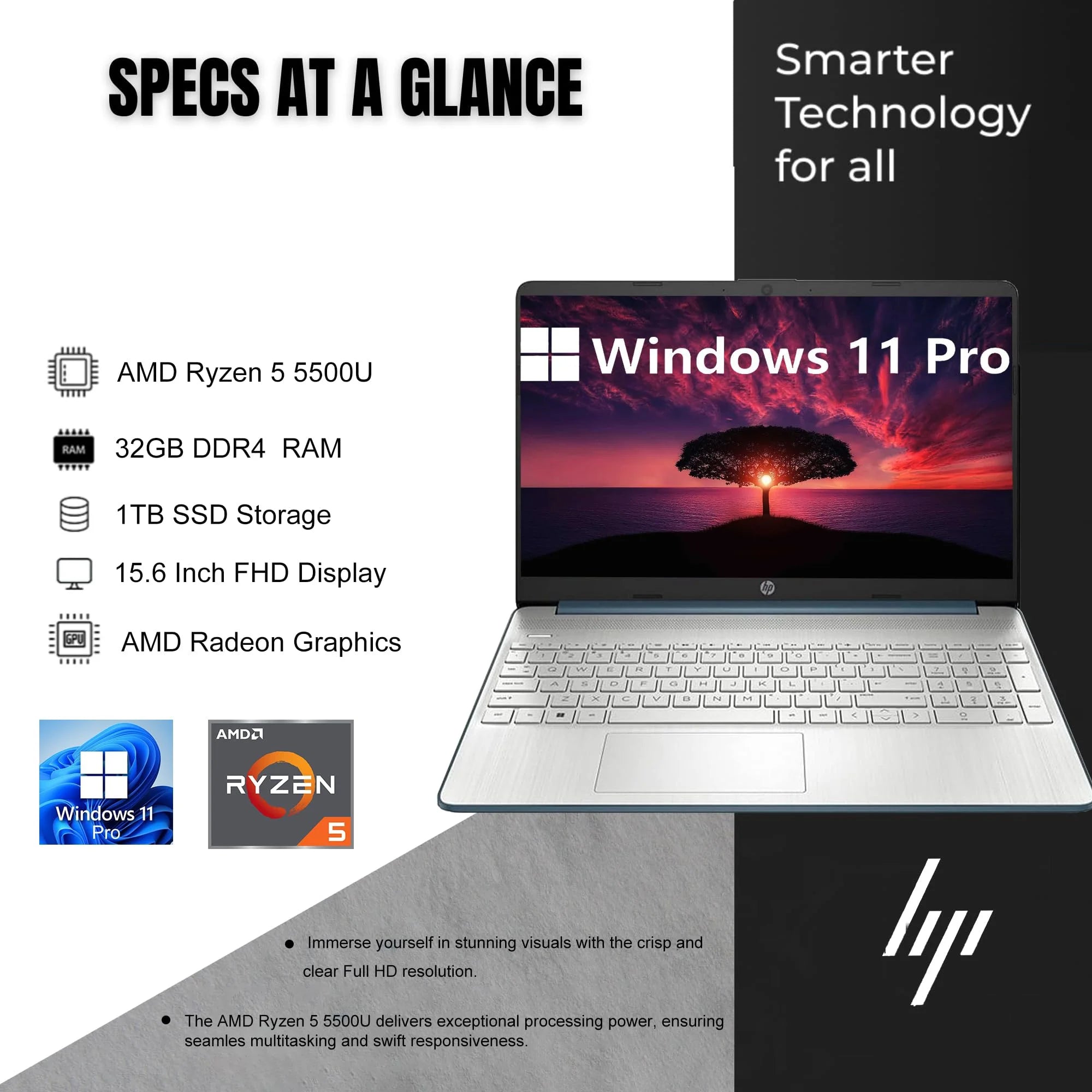 15.6 Inch FHD Business Laptop, AMD Ryzen 5, 32GB RAM, 1TB SSD O729351