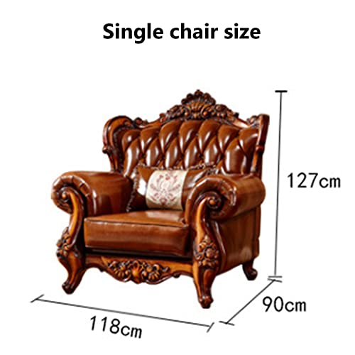 Solid Wood Carved Leather Sofa for Living Room with Pillows Stool A2915