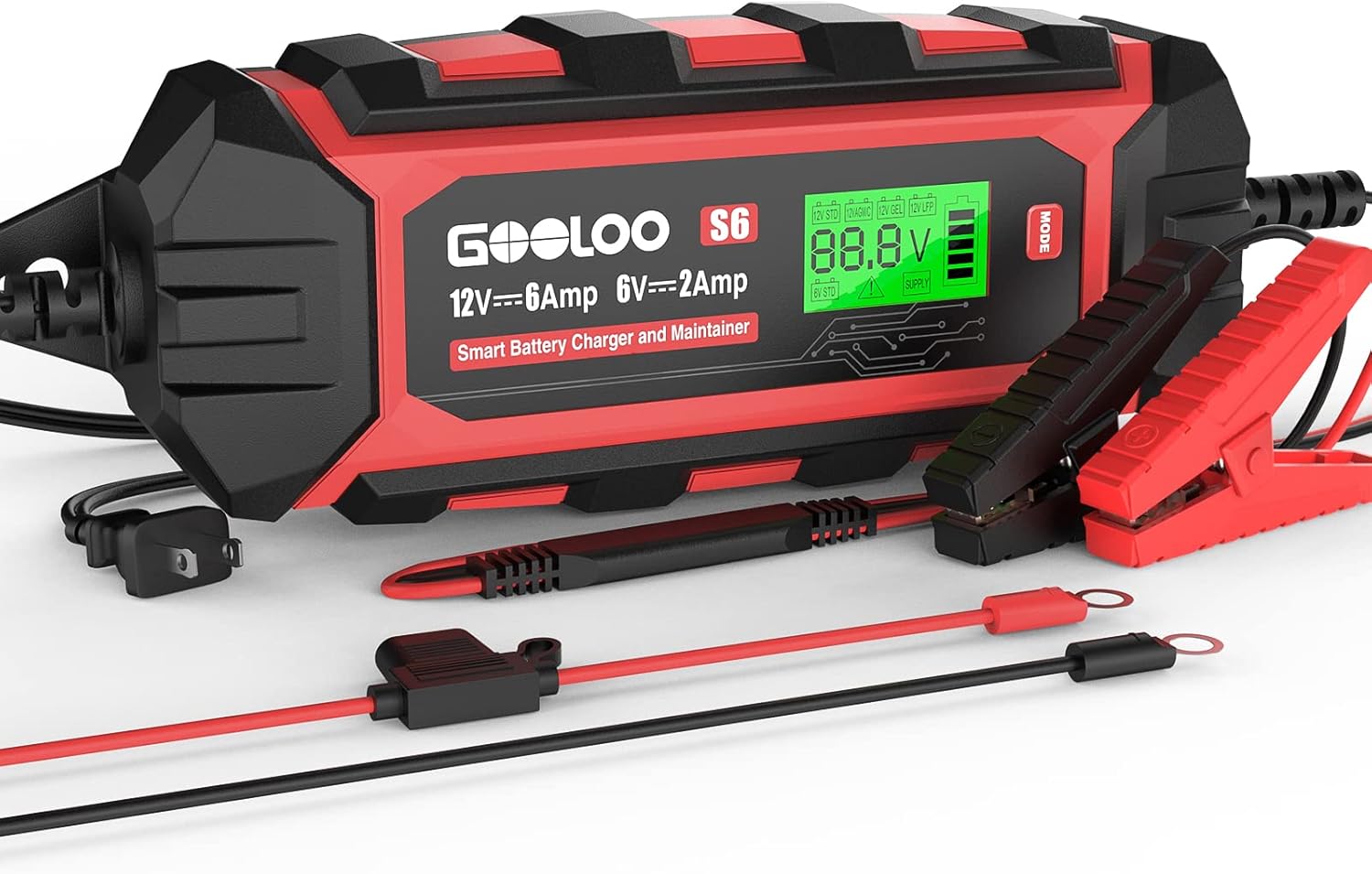 GOOLOO 6 Amp Smart Battery Charger, 6V and 12V Trickle Charger and Maintainer for Lead-Acid Battery, Up to 150Ah, Supersafe Battery Desulfator with LCD Display Pulse Repair Charger(S6) Pack of 2