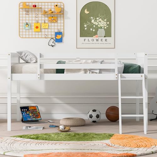 Low Loft Bed with Convertible Ladder and Safety Guardrail R222