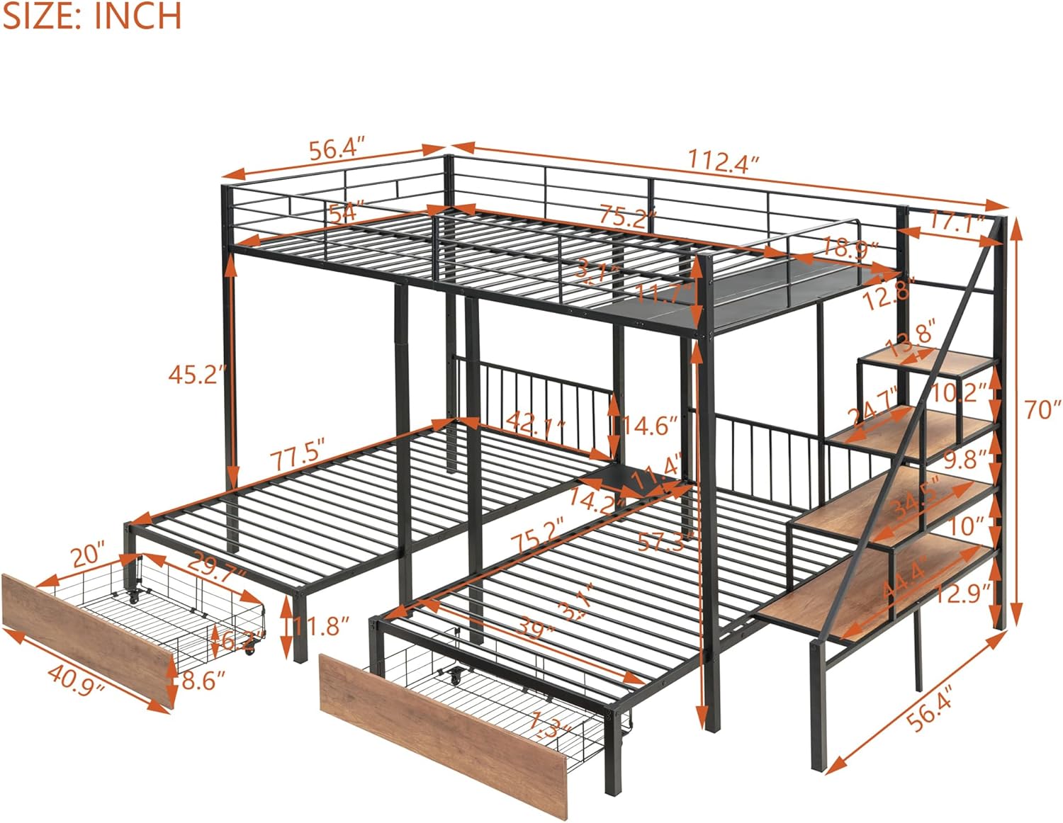 Triple Bunk Bed with Storage, Full over Twin & Twin, Separable into 3 Beds, Black V722106