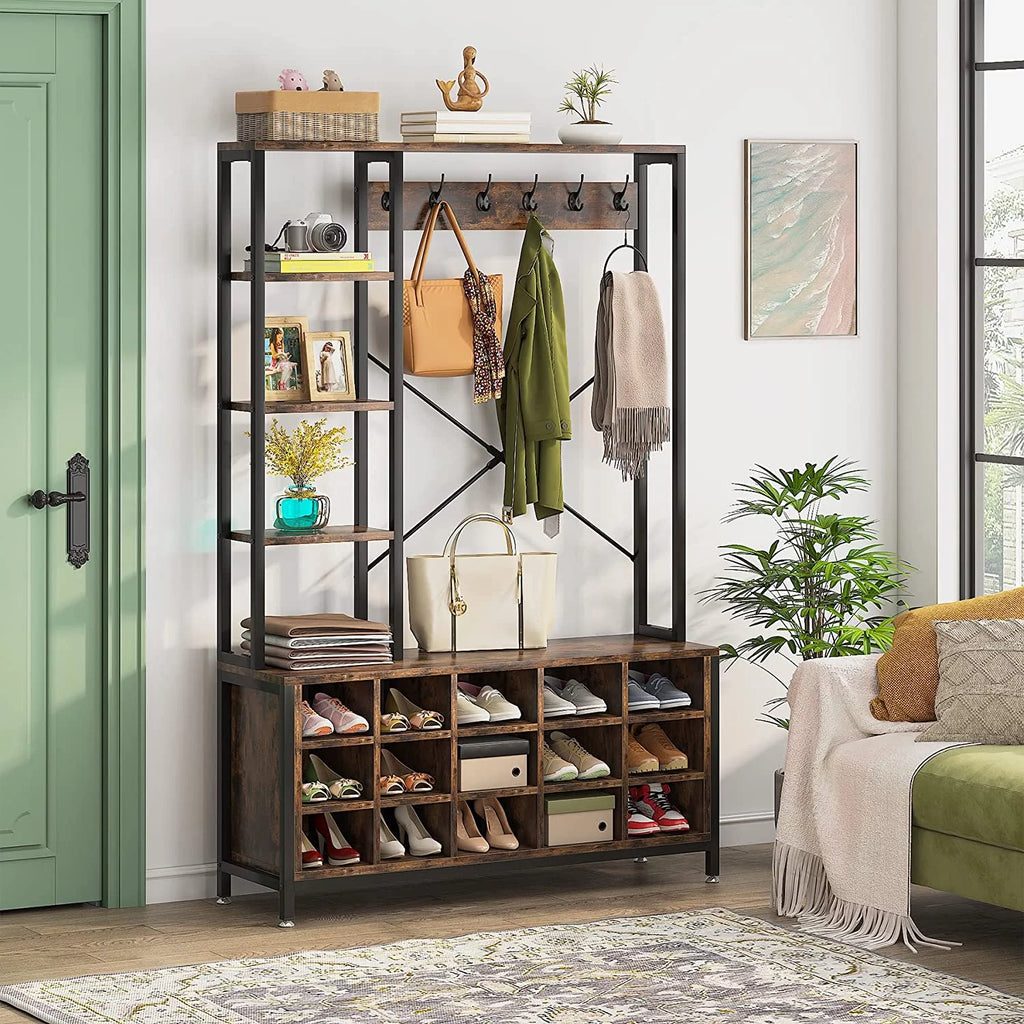 Entryway Hall Tree with Bench, Shoe Storage, and Coat Rack X548