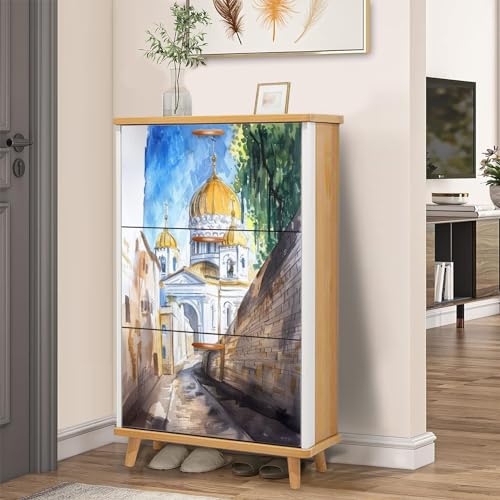 3 Drawer Shoe Cabinet, Paris Watercolor Sketch Design, Slim Entryway Organizer Y8400