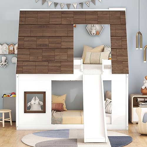Twin-Over-Twin House Bunk Bed with Storage and Staircase, Gray+White V121339