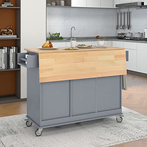 Kitchen Island on Wheels with Storage, Drop Leaf, 52.7 Inch, Grey Blue D265957