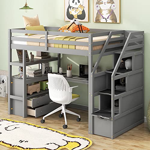 Loft Bed with Built-in L-Shaped Desk and Bookshelves, Solid Wood Frame with Safety Guardrail and Storage Staircase B5339
