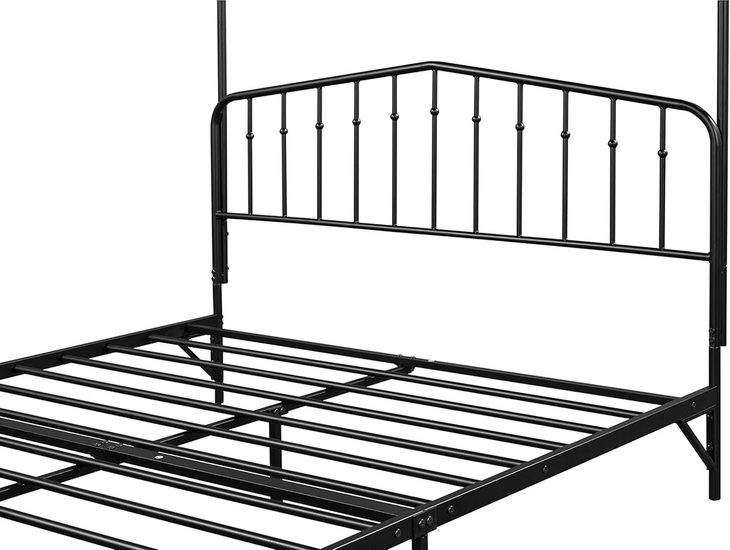 Metal Canopy Bed Frame with Ornate Headboard, Black, Queen A70815