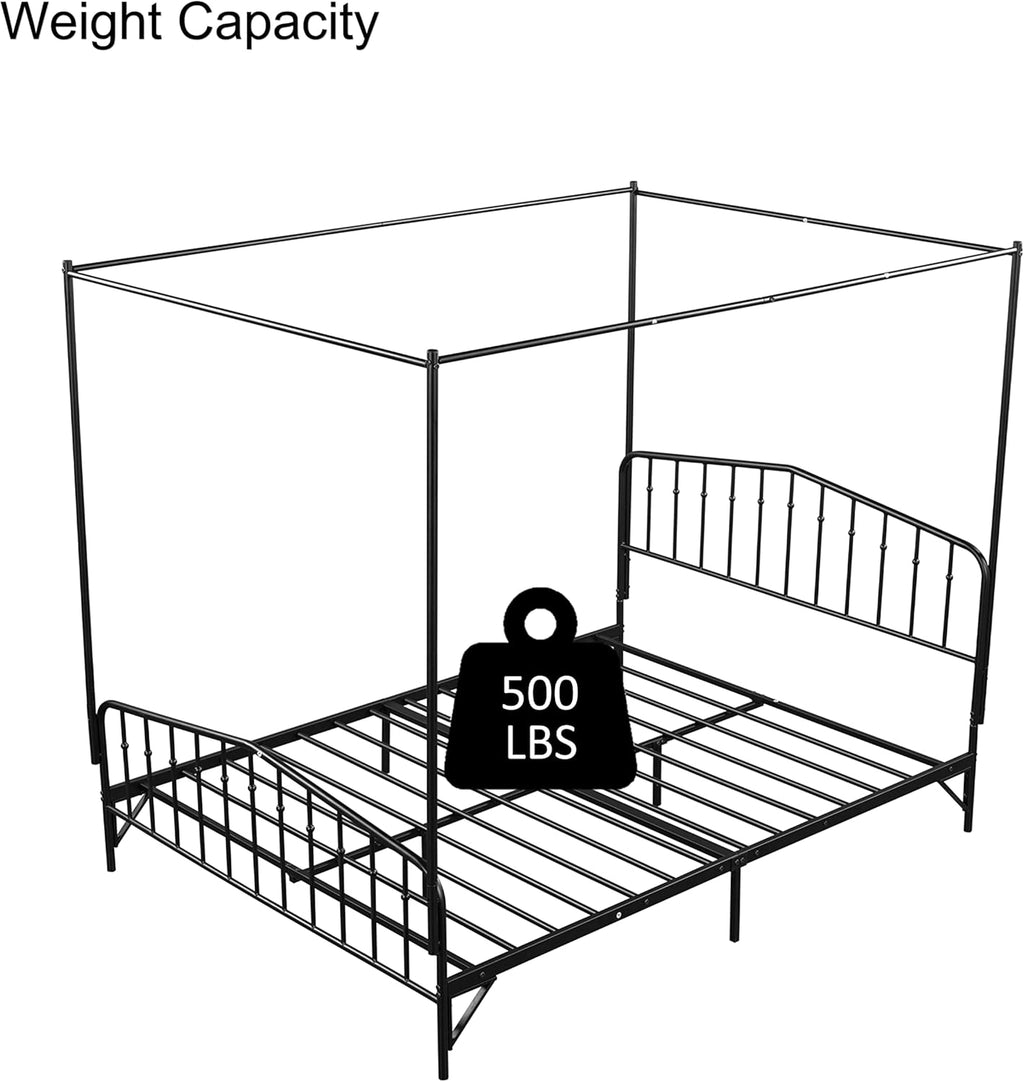 Metal Canopy Bed Frame with Ornate Headboard, Black, Queen A70815