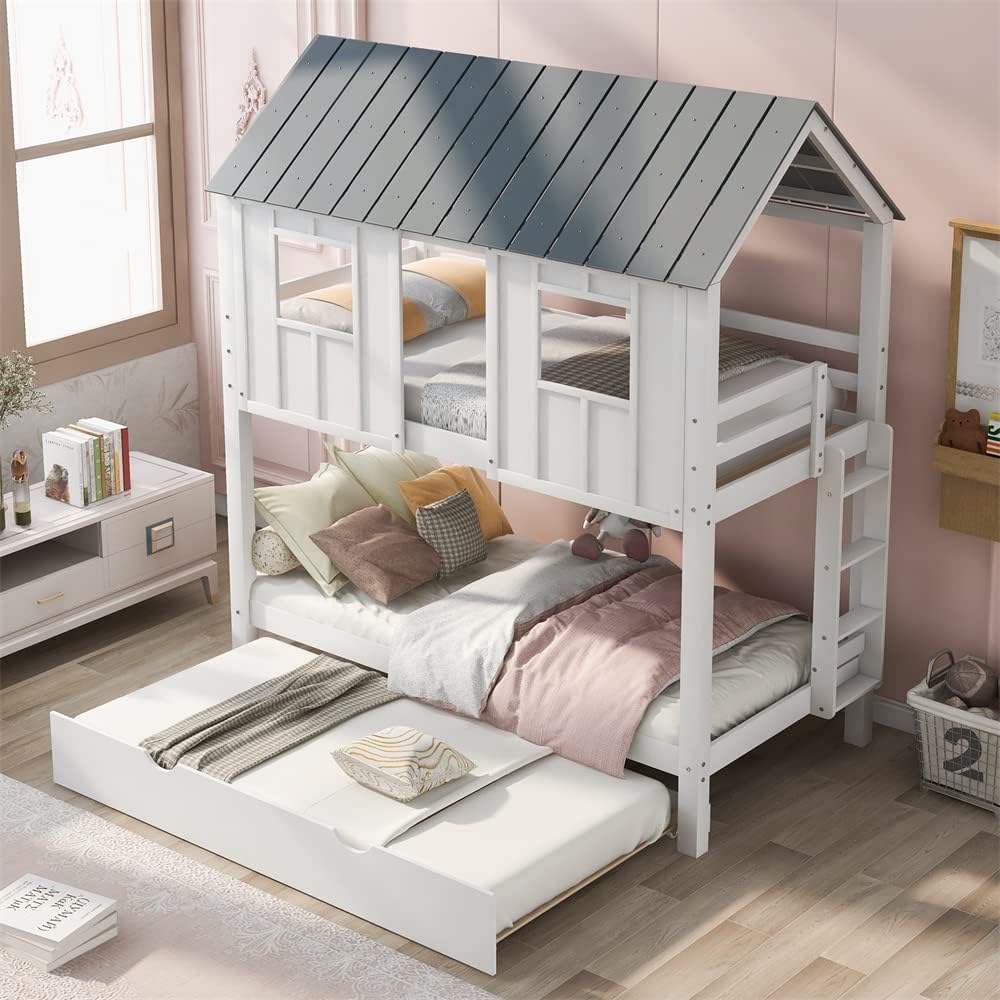 TRIPLE TREE Wood House Bunk Bed with Trundle, Twin Over Twin Bunk Bed with Full-Length Guardrails and A Ladder for Child Girls and Boys, Playhouse Bed with Roof, Windows and Solid Slat Support, White