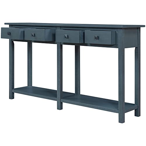 Rustic Wood Sofa Table with 4 Storage Drawers and Bottom Shelf T769104