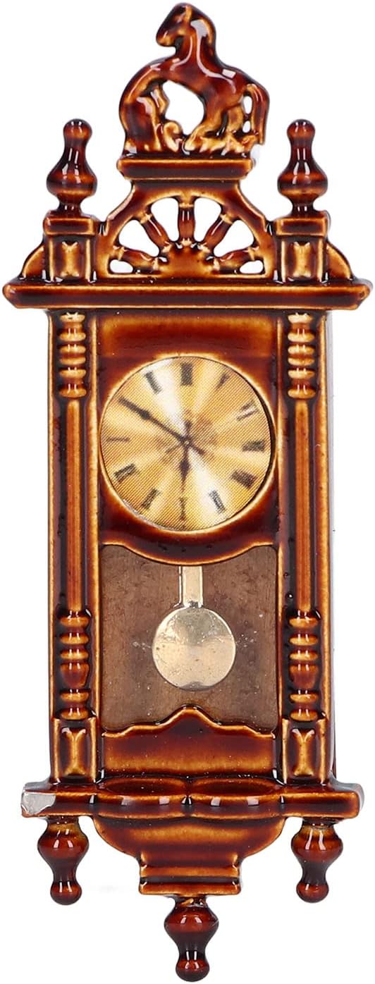 Dollhouse Decoration Accessories, 1:12 Miniature Vintage Clock, Antique Wooden Alloy Elegant Wall Clock, Doll House Decoration Furniture